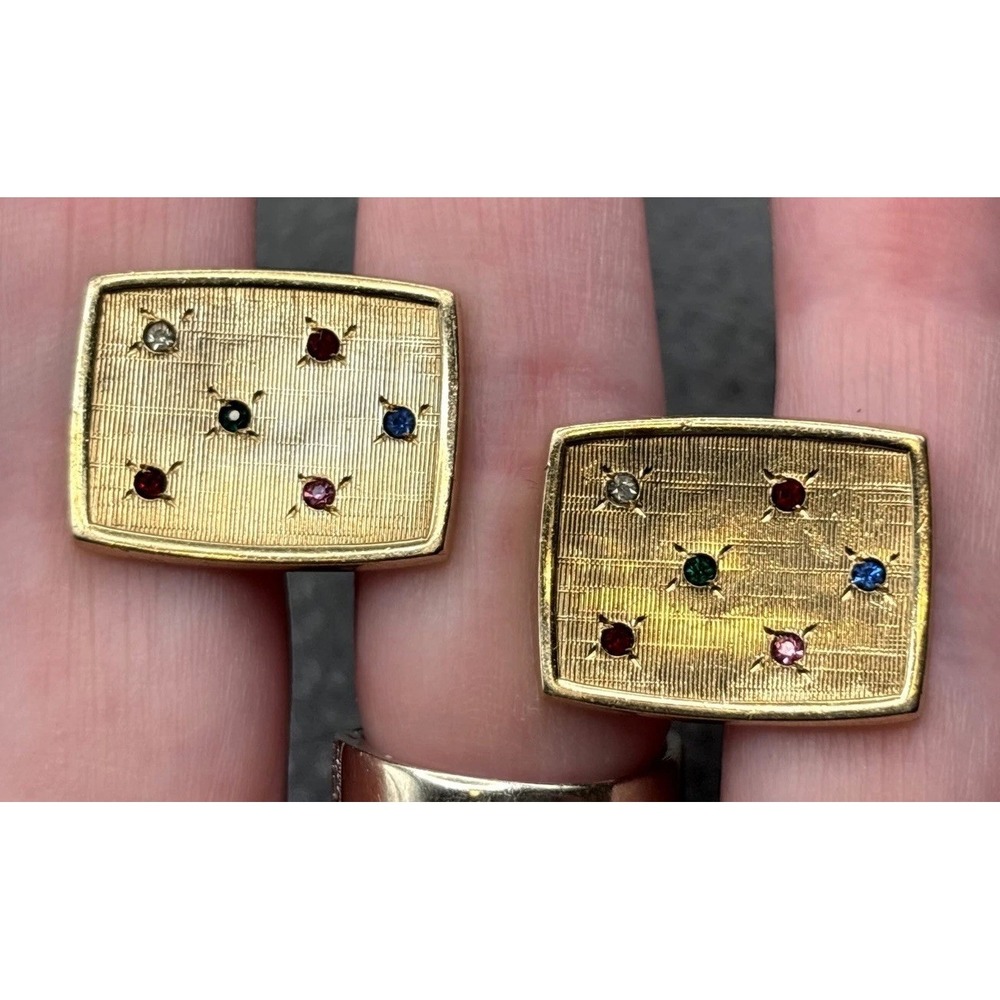 Vintage 12K Gold Filled Cufflinks Multicolor Rhinestone Modernist MCM Design